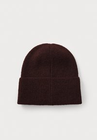 Burgundy knit beanie with a folded ribbed cuff; soft texture and rounded top shape, designed for warmth and comfort.