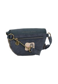 Borsa a tracolla in ecopelle blu con una tasca con zip, patch decorativo, accento in catena e tracolla regolabile. Testo impresso sulla parte superiore.