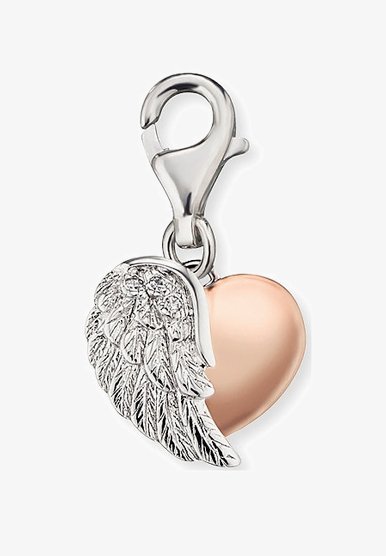 Sølv hummerlås med et hjertecharme; den ene side er skinnende rosaguld, mens den anden side har detaljerede vinger med indlejrede klare sten.
