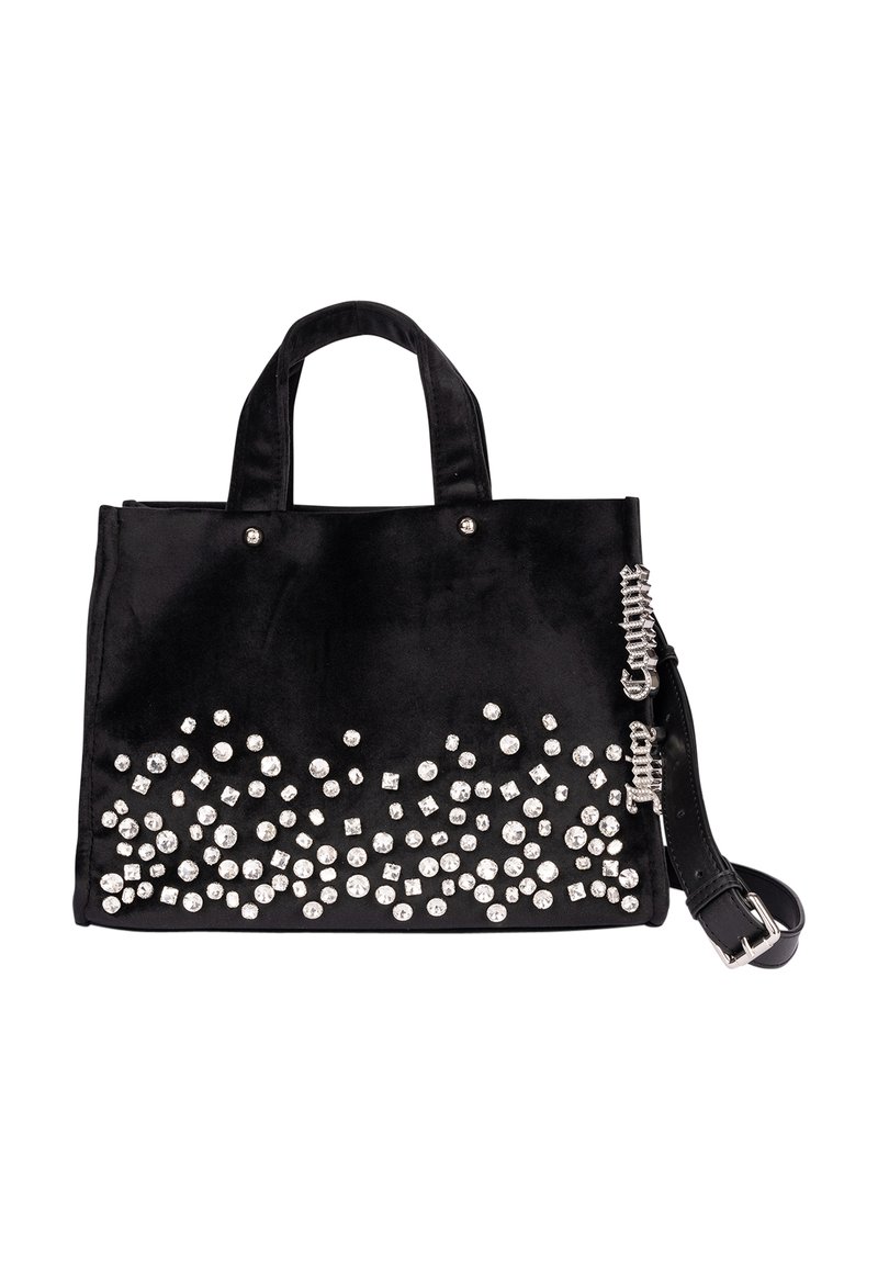 Borsa tote in velluto nero con applicazioni in strass argentati e dettagli borchiati. Dotata di doppi manici e una tracolla rimovibile.