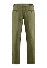 Pantaloni in lino verde oliva con vita elastica, due tasche posteriori con bottoni e design a gamba dritta. Texture liscia con una vestibilità casual.