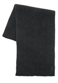 Sciarpa a coste di un grigio scuro, con una texture morbida e forma rettangolare. Presenta un piccolo etichetta di marca su un'estremità.