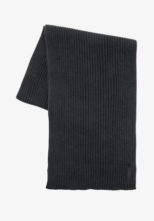 Dunkelgrau gestrickter Schal mit weicher Textur und rechteckiger Form. Verfügt über ein kleines Markenetikett an einem Ende.