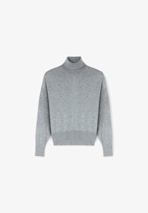 Grauer Rollkragenpullover aus weichem Material, mit tailliertem Design, langen Ärmeln und einer strukturierten vertikalen Naht auf der Vorderseite.
