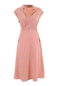 Czerwona i kremowa sukienka w paski z kołnierzykiem, krótkimi rękawami i fasonem kopertowym. Wykonana z gładkiego materiału, z rozkloszowanym dołem i boczną kieszenią.