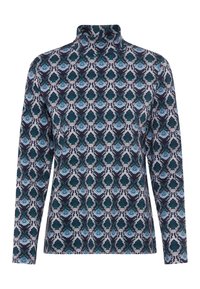 Maglia a maniche lunghe con colletto a dolcevita, caratterizzata da un motivo geometrico nei colori teal, blu navy e bianco, realizzata in un tessuto morbido e elastico.