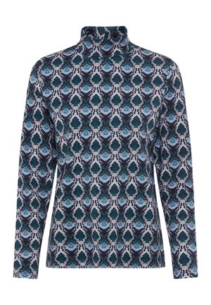 Lange mouwen coltrui met een geometrisch patroon in teal, marineblauw en wit, gemaakt van een zachte, rekbare stof.