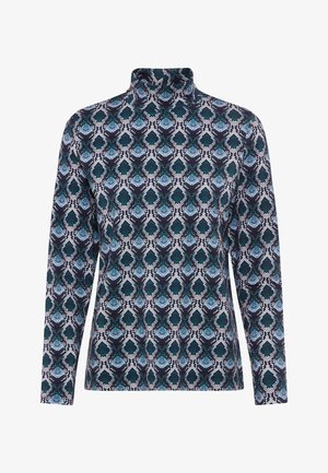 Langærmet turtleneck-top med et geometrisk mønster i teal, navy og hvid, lavet af et blødt, strækbart stof.