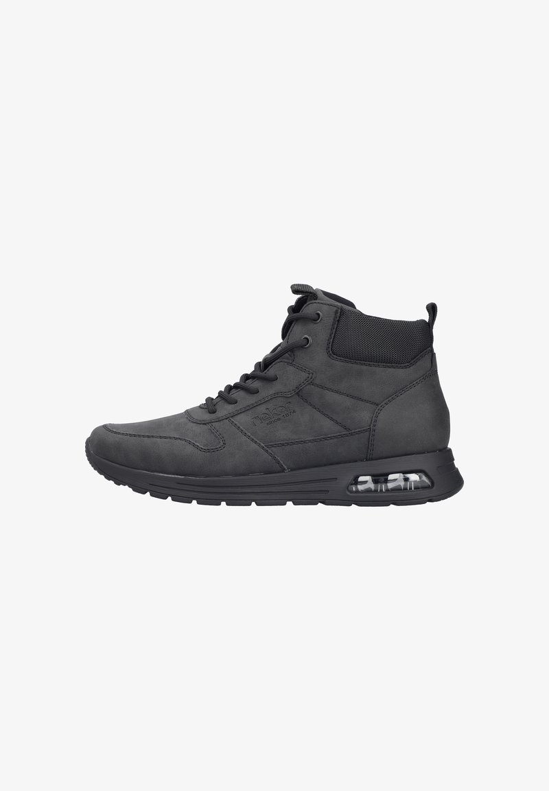 Schwarze High-Top-Sneaker aus glattem Leder mit einem strukturierten Stoffkragen, der eine sichtbare Luftdämpfungseinheit in der Sohle aufweist.
