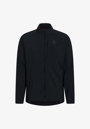 Black full-zip jacket with high collar, long sleeves, and subtle logo on the chest, designed for outdoor or sports use.