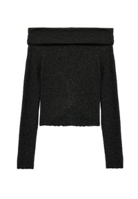 Sort cropped sweater med off-shoulder og lange ærmer, lavet af tekstureret strikstof, med en foldet krave og en lige kant.