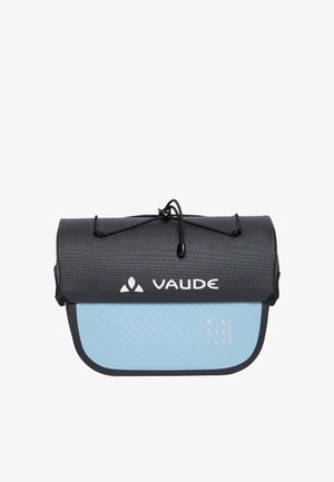 Sac Vaude compact noir et bleu avec un système roll-top, une fermeture par cordon réglable et le texte "Recycle Inside" sur la poche avant bleue.