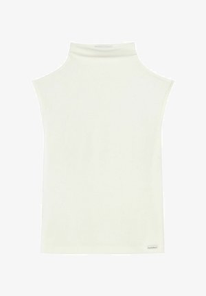 Bezrękawnik w jasnokremowym kolorze z wysokim kołnierzem i gładką fakturą. Proste wykończenie dołu i mała markowa metka w prawym dolnym rogu.