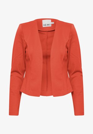 Roter taillierter Blazer mit leichtem Peplum-Design, langen Ärmeln und V-Ausschnitt, aus einem glatt strukturierten Stoff. Markenlabel sichtbar.