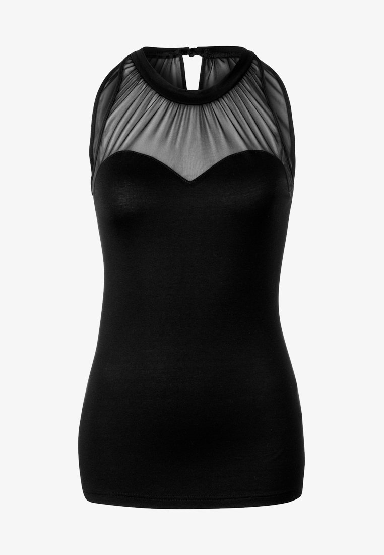 Haut noir sans manches avec encolure cœur, tissu en mesh transparent au niveau du haut de la poitrine et des épaules, et fermeture par bouton au dos du cou.