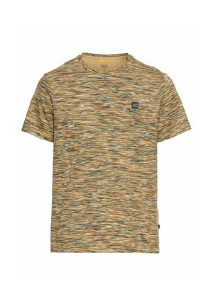 Short-sleeve t-shirt with a multicolored, textured pattern of green, brown, and beige; includes a small logo on the chest.