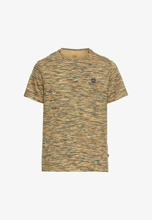 Kortærmet t-shirt med et flerfarvet, tekstureret mønster i grøn, brun og beige; inkluderer et lille logo på brystet.