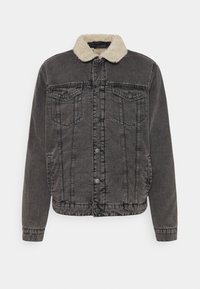 Grijze spijkerjack met een nepbontkraag, twee borstzakken, knoopsluiting en zakken in de zijnaden. Gestructureerde stof met stikseldetails.