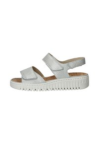 Zilveren gestructureerde sandalen met twee verstelbare banden, een kurken voetbed en een witte rubberen zool met verticale groeven voor grip.