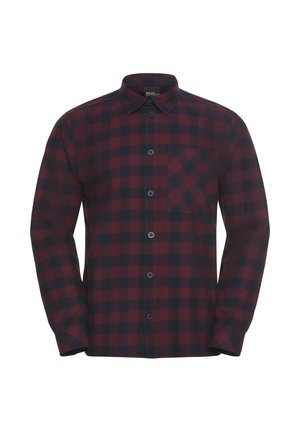 Chemise à manches longues à carreaux rouges et noirs, avec un design à boutons, col plat, poche poitrine unique, d'une texture douce semblable à du coton.