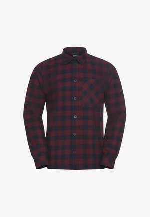 Chemise à manches longues à carreaux rouges et noirs, avec un design à boutons, col plat, poche poitrine unique, d'une texture douce semblable à du coton.