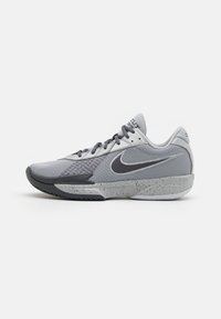 Grå idrettssko med mesh-overdel, syntetiske overlegg, teksturert såle med steinsprutmønster og svart Nike-svoosh.