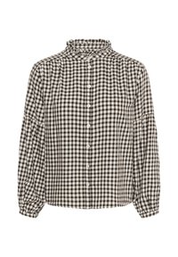 Blusa a maniche lunghe a quadri marroni e bianchi con colletto arricciato, dotata di chiusura frontale con bottoni e maniche arricciate.