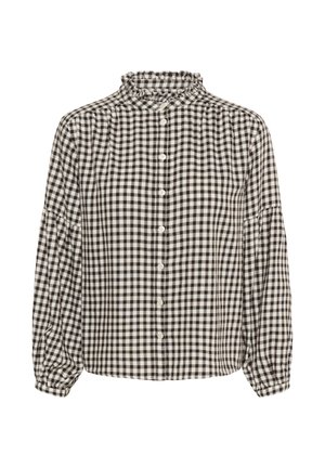 Bruine en witte geruite blouse met lange mouwen en een geplooide kraag, met een sluiting aan de voorkant met knopen en ingezette mouwen.