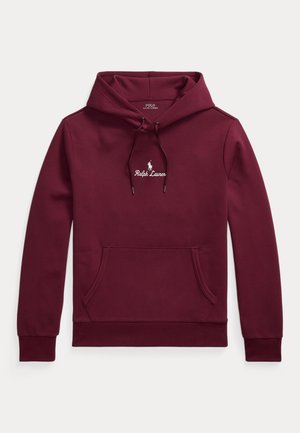 Burgundy hoodie made of cotton blend with a front kangaroo pocket, drawstring hood, and white embroidered logo on the chest.