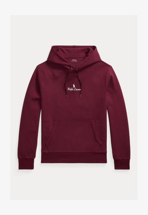 Burgunderfarbener Hoodie aus Baumwollmischung mit einer vorderen Kängurutasche, verstellbarem Kapuzenzug und weißem, gesticktem Logo auf der Brust.