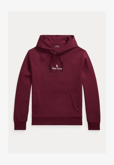 Sweatshirt burgundy feito de mistura de algodão, com um bolso canguru frontal, capuz com cordão e logótipo branco bordado no peito.