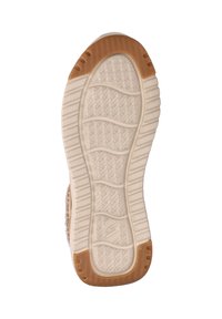 Schoenondervlak met een getextureerd rubberen oppervlak, voornamelijk beige met een bruine accent. Bevat groeven en golfpatronen voor grip.