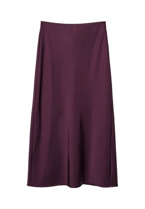 Jupe midi de couleur prune faite de tissu lisse. Présente un design simple avec une légère évasement et une taille élastique.