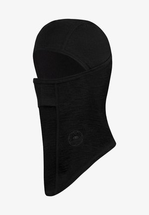 Schwarze Balaclava aus weichem, elastischem Stoff mit passgenauer Form. Verfügt über eine Aussparung für das Gesicht und glatte Nähte für zusätzlichen Komfort.