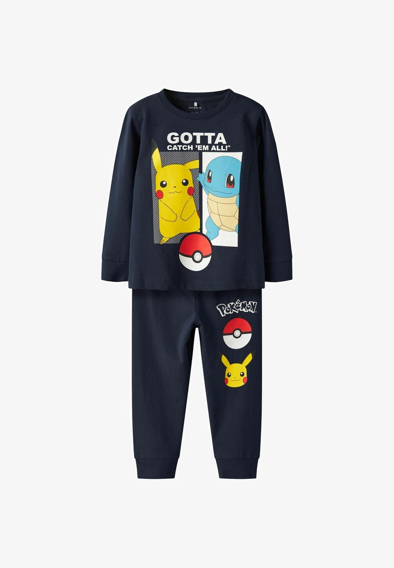 Marineblaues Pyjama-Set mit langen Ärmeln. Mit Grafiken von Pikachu und Shiggy, Pokémon-Logos und Pokébällen. Aus weichem, dehnbarem Baumwollmaterial.