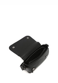 Black leather bag with a magnetic closure, open to reveal a spacious main compartment, lined interior, and contrasting zipper details.