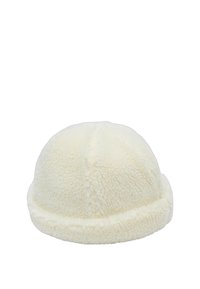 Cream-colored fleece hat with a rounded top and cuffed brim. The texture is plush and fluffy, providing warmth and comfort.