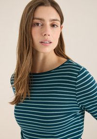 Maglietta a maniche lunghe con un design a strisce orizzontali in verde blu e blu chiaro. Tessuto morbido con scollatura rotonda e vestibilità comoda.