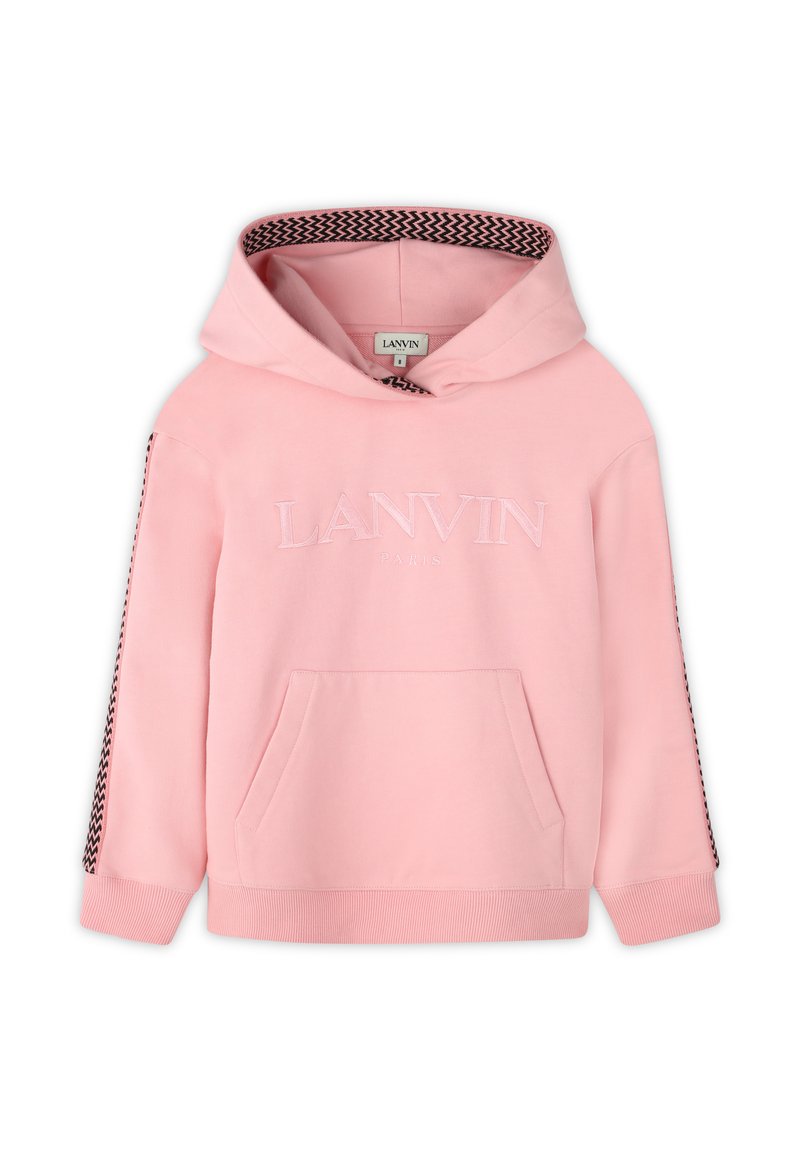 Felpa con cappuccio rosa realizzata in morbido tessuto, dotata di tasca frontale, logo ricamato e motivo a zigzag nero lungo le maniche.