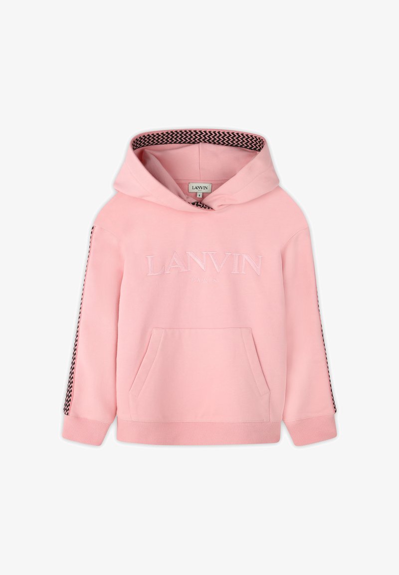 Felpa con cappuccio rosa realizzata in morbido tessuto, dotata di tasca frontale, logo ricamato e motivo a zigzag nero lungo le maniche.