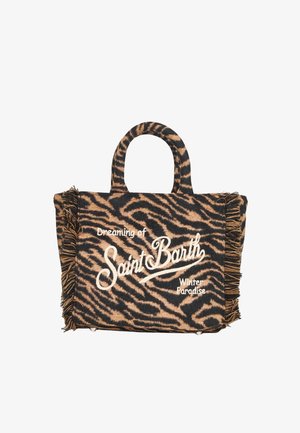 Leopardenmuster-Umhängetasche mit Fransenverzierung, auf der der Text "Dreaming of Saint Barth" und "Winter Paradise" in weißerStickerei zu sehen ist.