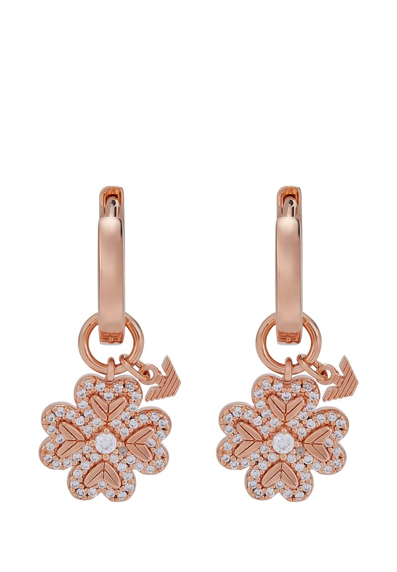 Roséguldfärgade örhängen i blomform prydda med små klara kristaller, en central rhinestone och en gångjärnsfäste för fäste.