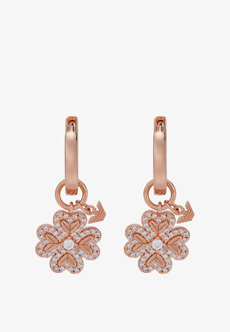 Roséguldfärgade örhängen i blomform prydda med små klara kristaller, en central rhinestone och en gångjärnsfäste för fäste.