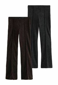 Zwei Paar Cordhosen, eine in Dunkelbraun und die andere in Dunkelgrau, mit weitem Bein und Vorderfalten.