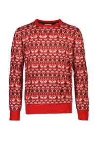 Röd stickad tröja med ett festligt mönster av renar, träd och geometriska former i vitt och grönt. Ribbad rundhals och muddar.