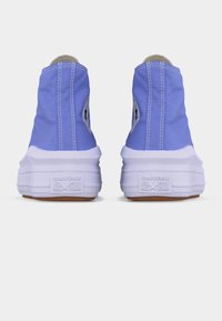 Ζευγάρι μπλε παπούτσια Converse ψηλού τύπου, εμφανιζόμενα από πίσω, με λευκές λαστιχένιες σόλες και λογότυπο "Converse All Star".