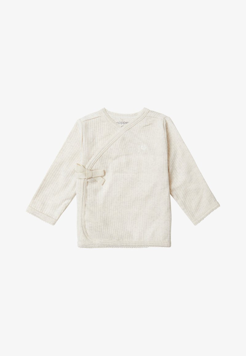 Licht beige lange mouwen wikkelshirt gemaakt van ribgebreid materiaal. Beschikt over een klein strikdetail aan de voorkant en delicate rafelende randen.