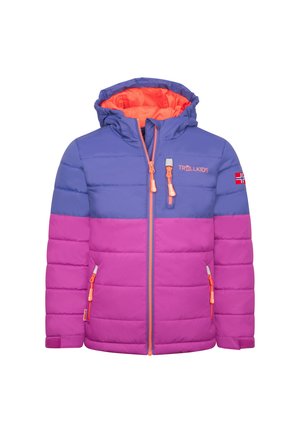 Children's puffer jacket with blue upper, pink lower, orange-lined hood, orange zippers, and Norwegian flag patch on the sleeve.