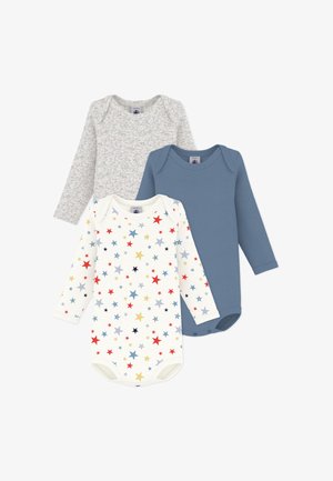 Drei Langarm-Babybodys in grau meliert, einfarbig blau und weiß mit buntem Sternenmuster, übereinander auf weißem Hintergrund angeordnet.
