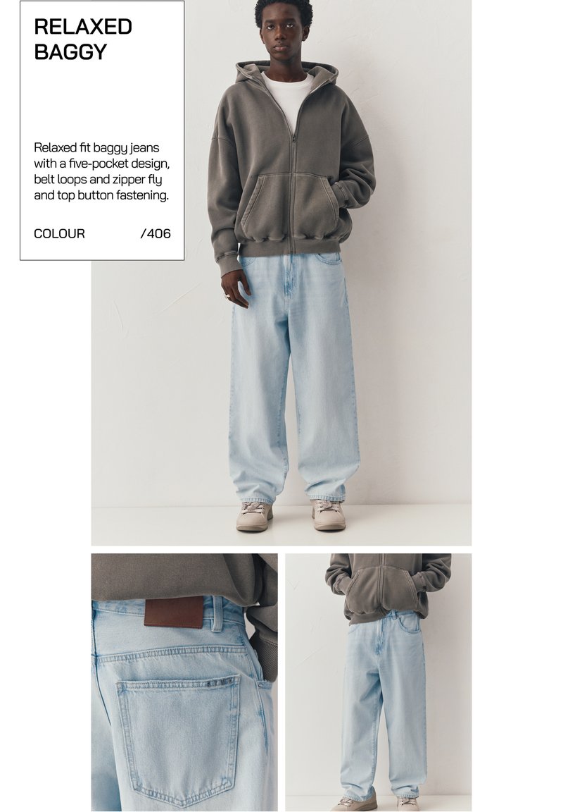 Model noszący luźne, jasnoniebieskie dżinsy typu baggy z pięcioma kieszeniami, pętelkami na pasek, zamkiem błyskawicznym i zapinane na guzik.